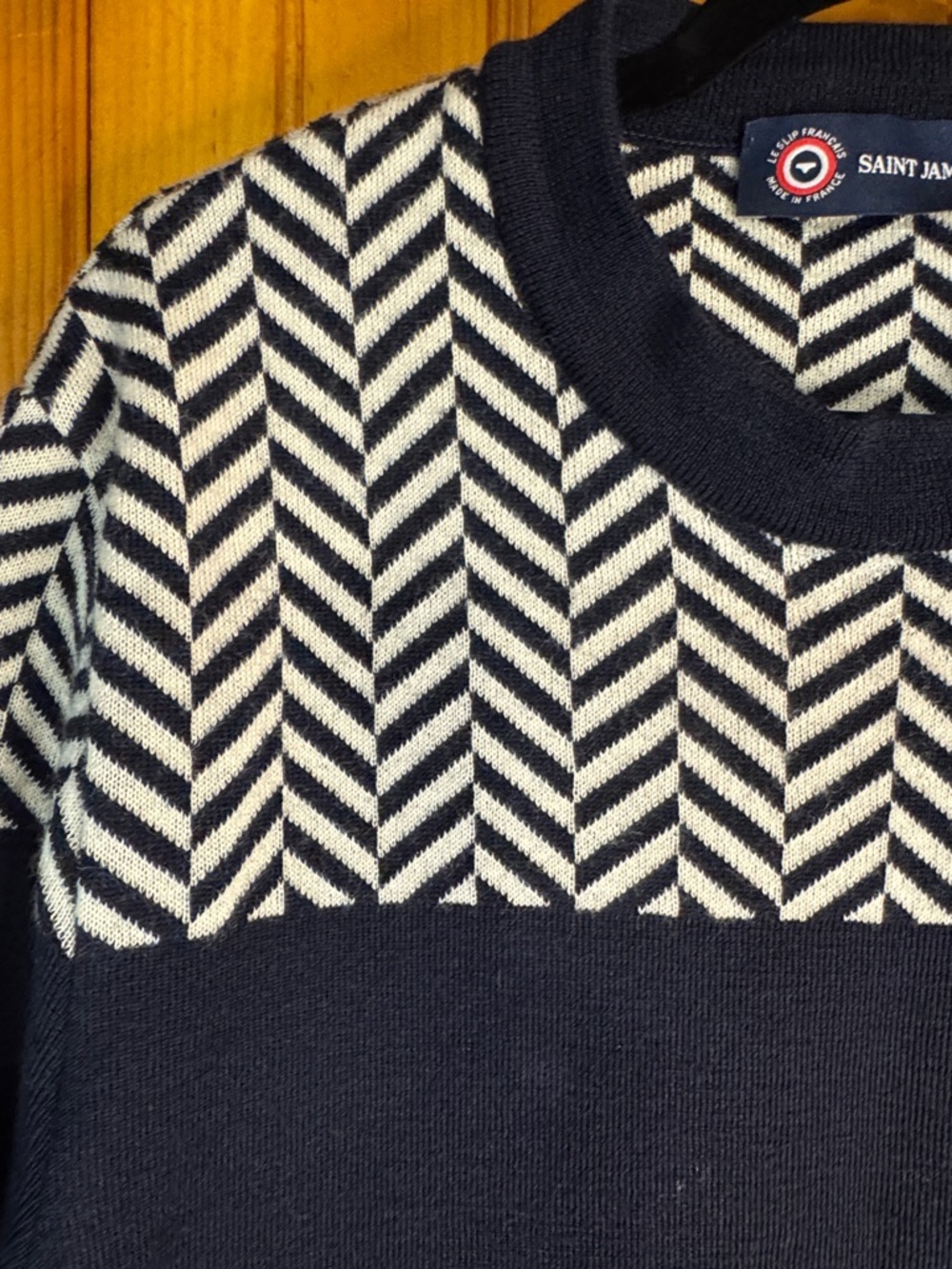 Saint James Navy Crewneck Sweater with White Chevron Yoke - Picture 7 of 12